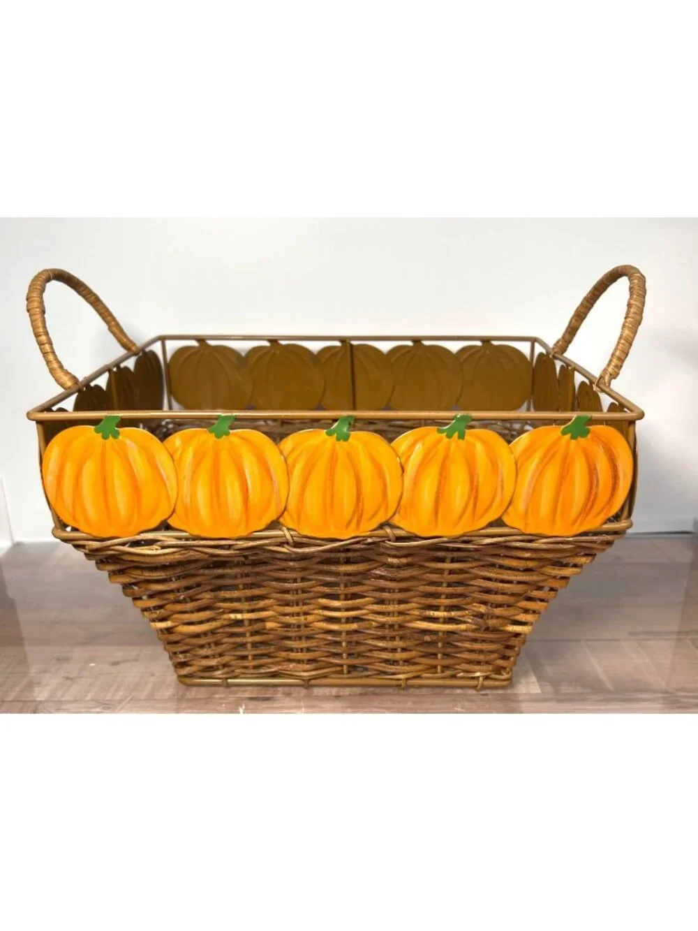 Handwoven Wicker Basket With Metal Pumpkin Accents & Handles